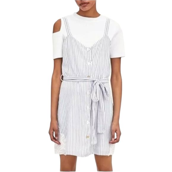 ZARA TRAFALUC Mini Dress, Blue White Striped 100% Cotton Lace Casual Boho, M - Picture 1 of 14